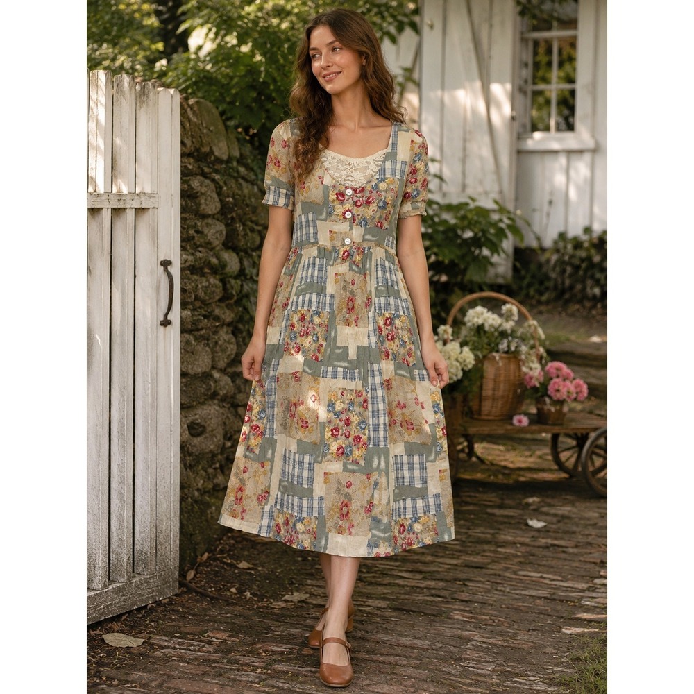 VTG 80s 90s Jessica Howard Dress 14 Patchwork Lace Cottagecore Prairie Trad Wife